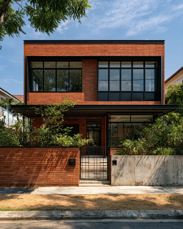 46 Red Brick House With Black Trim Ideas for Standout Curb Appeal 10 Modern red brick house with black trim and black steel-grid windows