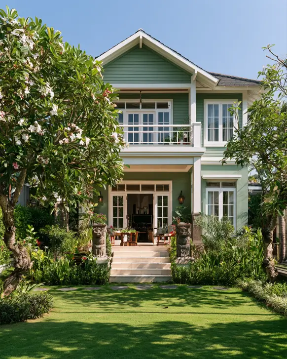43 Green House With White Trim Ideas for Fresh Curb Appeal 10 sage green house with white trim, two-story porch, and white balcony railing on a tropical villa with frangipani trees