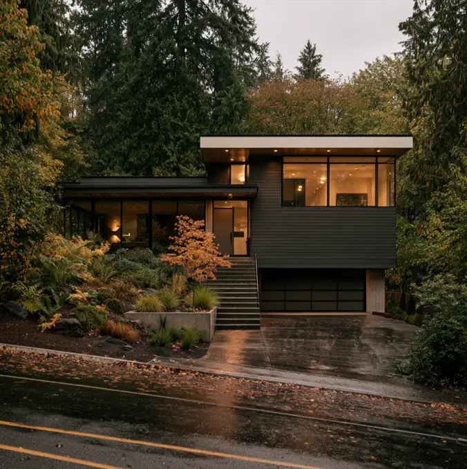 Hillside House Design: 38 Ideas for Building With the Slope 10 dark split-level modern hillside house with a tuck-under garage on a wooded downhill lot