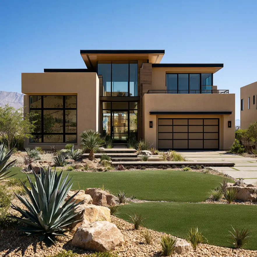 40 Tan House With Black Trim Exteriors Worth Copying 10 Desert modern tan and black house with matte tan stucco, a black-framed glass entry, and agave landscaping