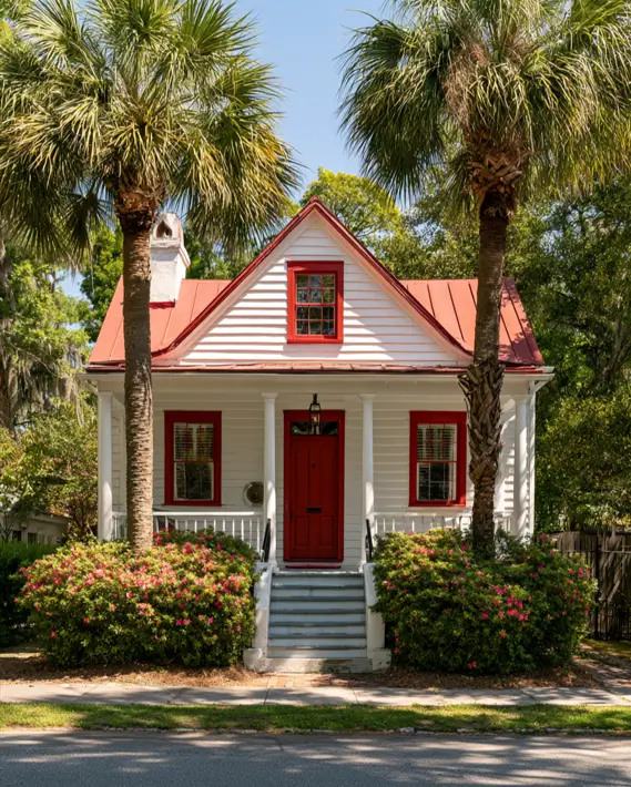 White House with Red Trim: 27 Ideas and How to Pick Your Red 10 White Lowcountry cottage with a cherry-red metal roof, red window frames, and a red door
