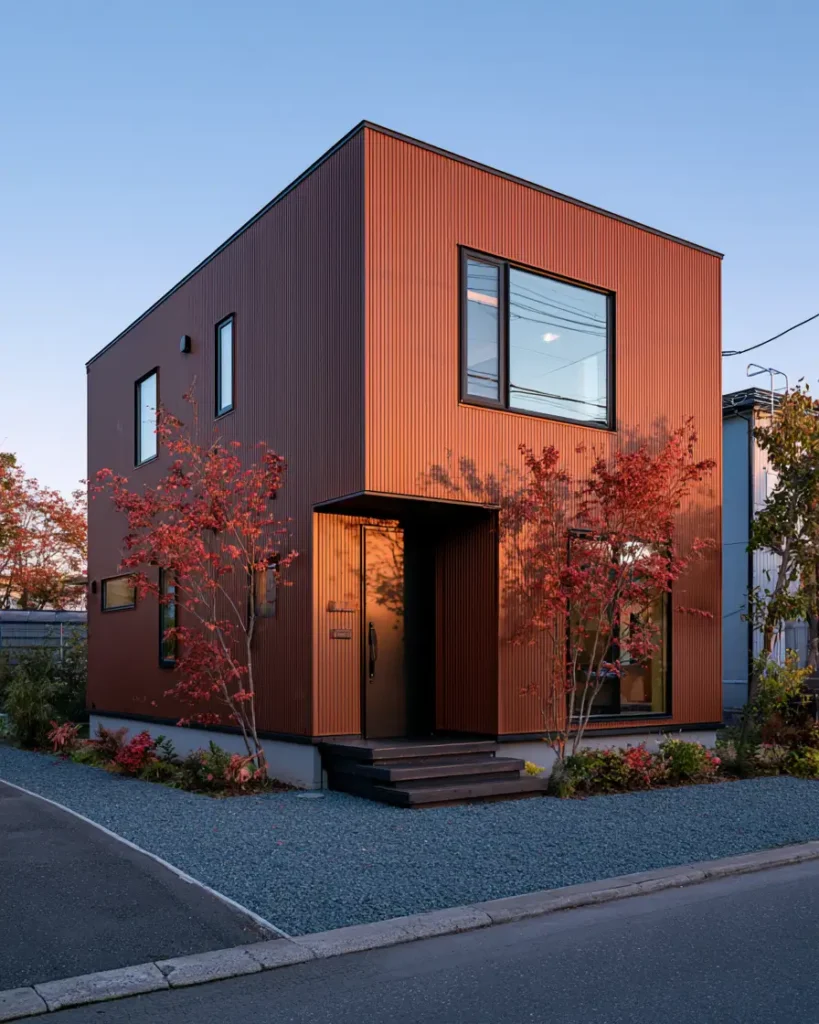 37 Brown House with Black Trim Ideas for a Warm, Modern Exterior 11 Reddish-brown corrugated metal cube home with flush black-framed windows and a recessed dark entry, red maples nearby
