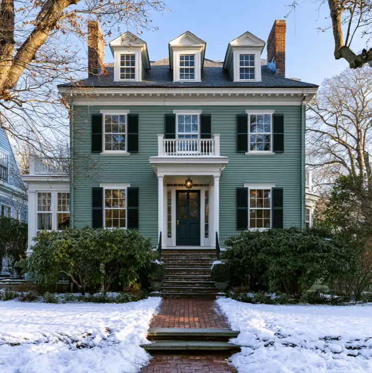 43 Green House With White Trim Ideas for Fresh Curb Appeal 11 green house with white trim and black shutters on a Georgian colonial with white dormers and a columned portico