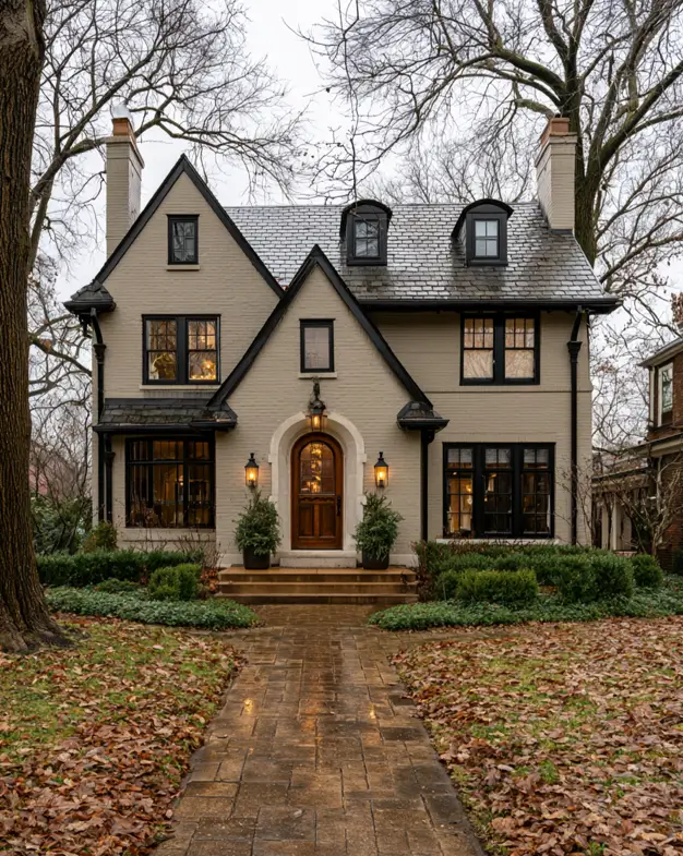 Taupe House With Black Trim: 28 Ideas + Best Paint Colors 11 Greige house with black trim on a painted-brick Tudor with black window frames, dormers, and an arched entry