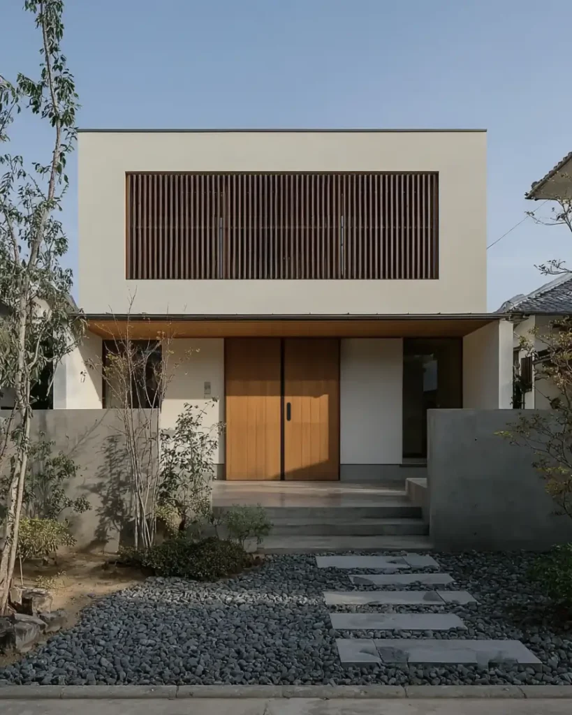 Modern Japanese House Design: 58 Ideas, Costs, and What Defines the Style 11 A modern Japanese house exterior with a vertical timber louvre panel set into pale render.