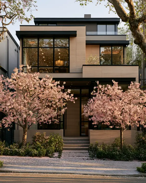 40 Tan House With Black Trim Exteriors Worth Copying 11 Tan house with black trim and warm tan stone cladding between black window frames, framed by cherry blossoms