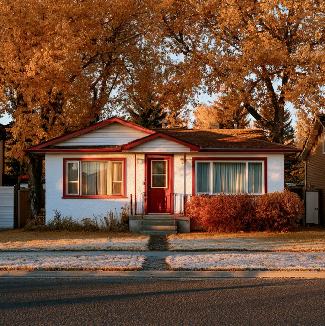 White House with Red Trim: 27 Ideas and How to Pick Your Red 11 Small white 1950s stucco bungalow with a red door and matching red window trim