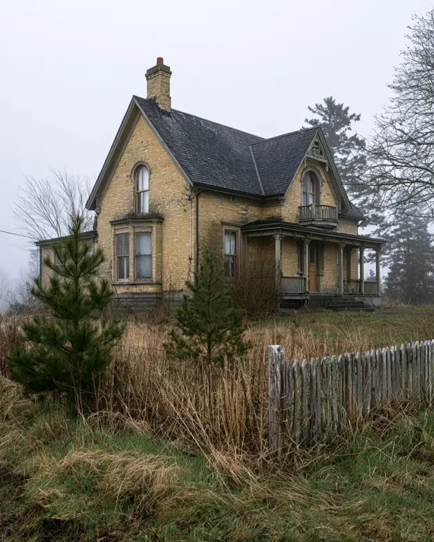 Blonde Brick House Ideas: 24 Warm Exteriors That Still Feel Fresh 12 Gothic Revival blonde brick farmhouse with aged yellow brick, a steep slate roof, and gingerbread bargeboard trim