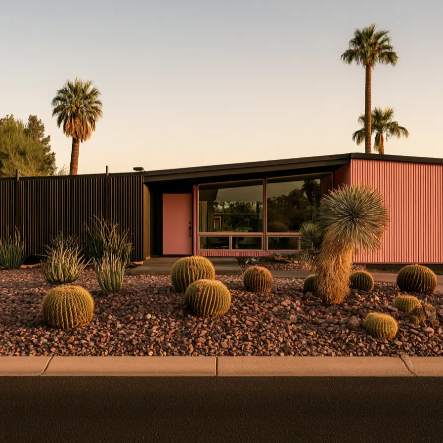 26 Black and Pink Houses Worth Saving Before You Paint 13 Black and pink house exterior on a midcentury desert ranch, with pink vertical siding, a pink door, and a black privacy screen