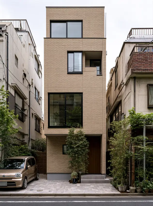 Blonde Brick House Ideas: 24 Warm Exteriors That Still Feel Fresh 14 Narrow three-story blonde brick townhouse with uniform sandy brick, black windows, and a recessed wood door
