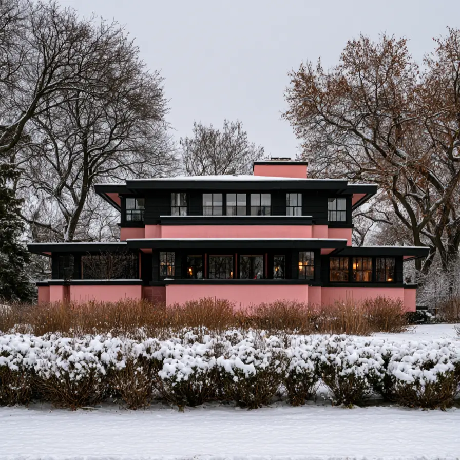 26 Black and Pink Houses Worth Saving Before You Paint 14 Prairie-style home with pink stucco walls, black window bands, and deep black eaves in a snowy setting
