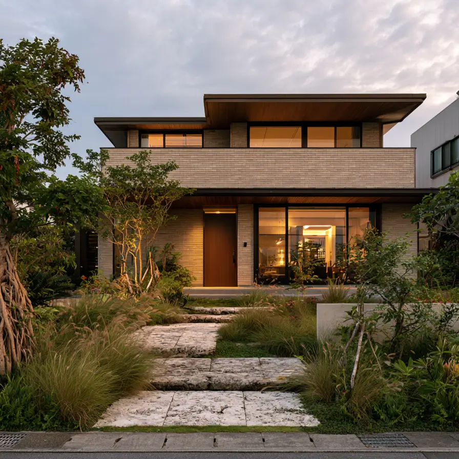 Blonde Brick House Ideas: 24 Warm Exteriors That Still Feel Fresh 15 Modern blonde brick house at dusk with pale brick, warm wood soffits and door, and glowing floor-to-ceiling glass