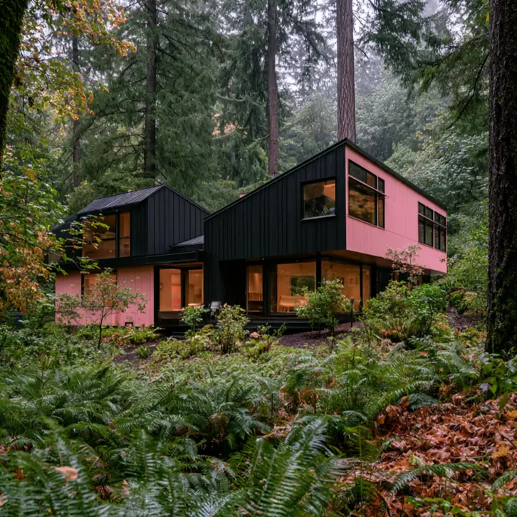 26 Black and Pink Houses Worth Saving Before You Paint 15 Modern forest cabin with black metal upper cladding and soft pink ground-floor siding among ferns and firs