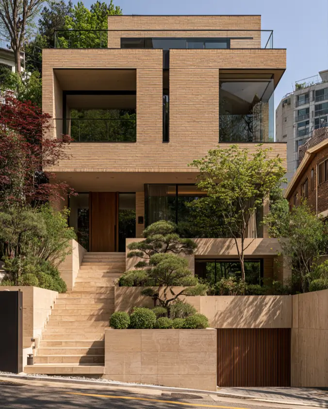 Blonde Brick House Ideas: 24 Warm Exteriors That Still Feel Fresh 16 Modern blonde brick house with stacked brick volumes, slim sandy brick, deep window reveals, and a travertine base