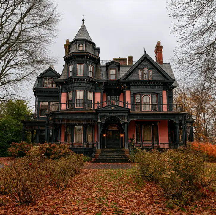 26 Black and Pink Houses Worth Saving Before You Paint 16 Grand Queen Anne Victorian with black trim over pink clapboard, a corner turret, and a wraparound porch