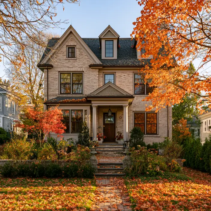 Blonde Brick House Ideas: 24 Warm Exteriors That Still Feel Fresh 17 Blonde brick house with bronze-brown window trim, a slate roof, and stone steps in autumn light