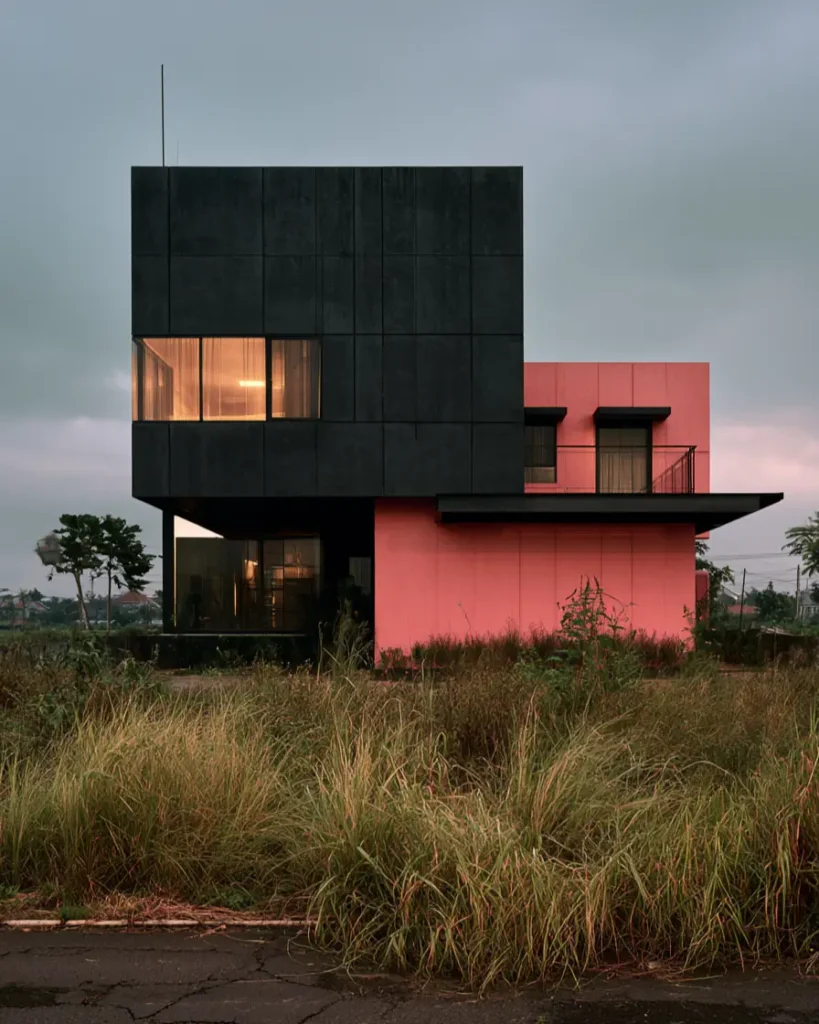 26 Black and Pink Houses Worth Saving Before You Paint 17 Modern concrete home with a cantilevered black cube above a coral-pink lower volume in an open field