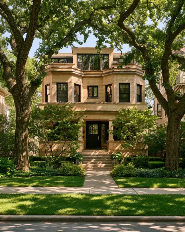 Blonde Brick House Ideas: 24 Warm Exteriors That Still Feel Fresh 19 Urban blonde brick three-flat with tawny buff brick, a projecting bay, black windows, and a leaded-glass dormer