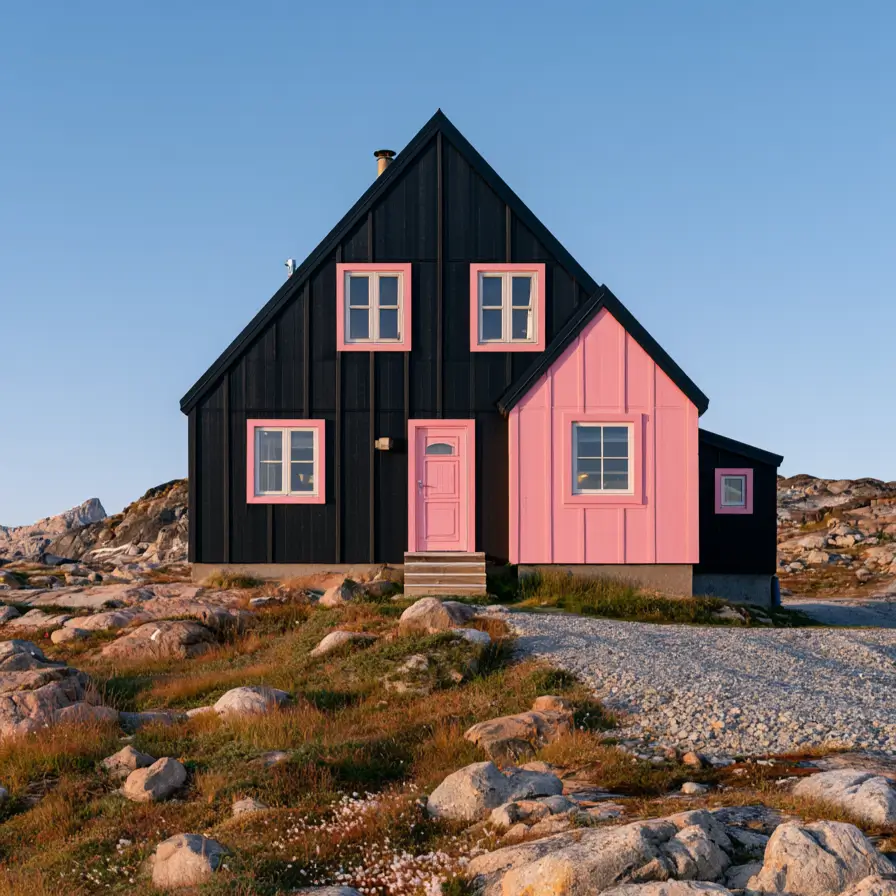 26 Black and Pink Houses Worth Saving Before You Paint 19 Nordic cottage with black board-and-batten siding, a pink gabled wing, pink door, and pink window frames