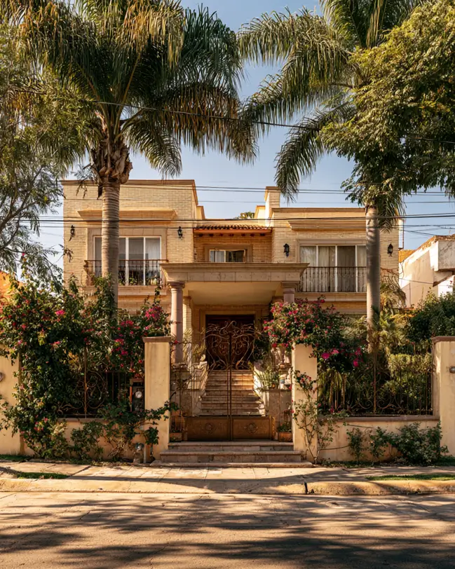 Blonde Brick House Ideas: 24 Warm Exteriors That Still Feel Fresh 20 Mediterranean blonde brick villa with buff brick, a clay-tile porch roof, stucco columns, and bougainvillea