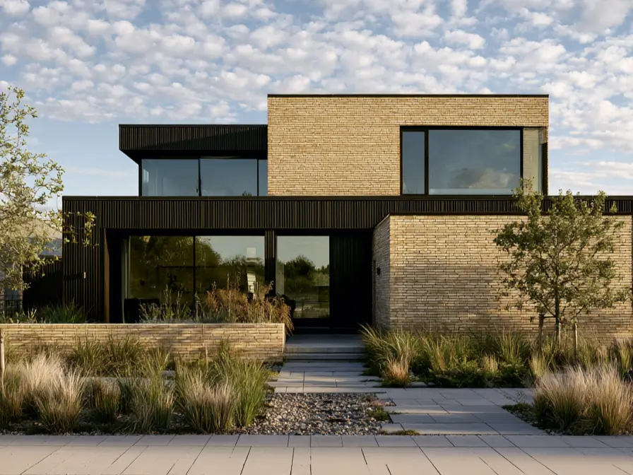 Blonde Brick House Ideas: 24 Warm Exteriors That Still Feel Fresh 21 Modern blonde brick house with sandy brick, dark vertical timber cladding, black-framed glass, and a flat roof