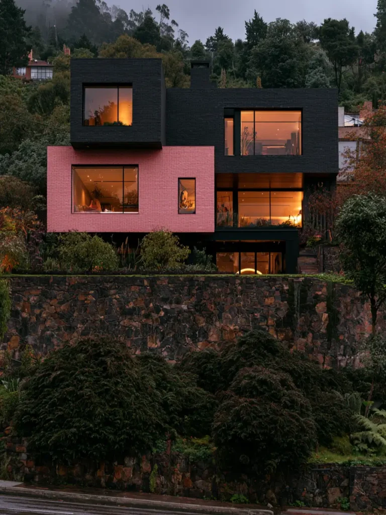 26 Black and Pink Houses Worth Saving Before You Paint 21 Hillside home with a projecting pink brick volume set against black brick walls above a stone retaining wall