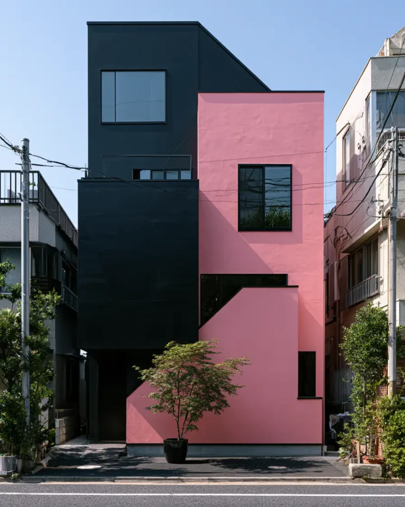 26 Black and Pink Houses Worth Saving Before You Paint 4 Narrow modern house with a dusty pink facade beside a matte black volume and black-framed windows