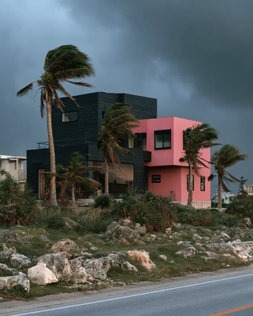 26 Black and Pink Houses Worth Saving Before You Paint 22 Coastal modern home with a coral-pink stucco wing and a taller black block, palms bending under a storm sky
