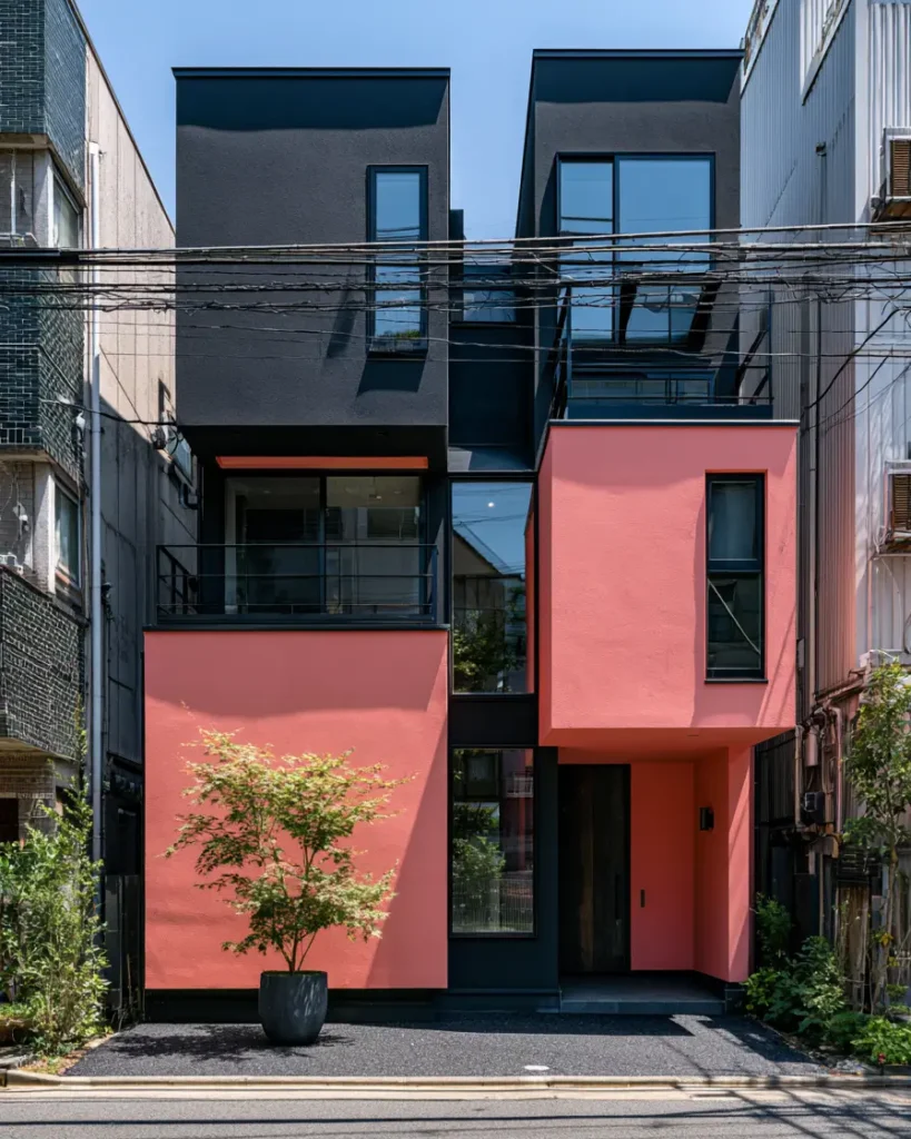 26 Black and Pink Houses Worth Saving Before You Paint 23 Black and pink house exterior on a narrow urban infill home, with coral-pink stucco below two black upper boxes