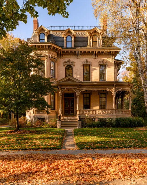 Blonde Brick House Ideas: 24 Warm Exteriors That Still Feel Fresh 23 Second Empire blonde brick house with buff brick, a true mansard roof, cream trim, carved cornices, and a porch