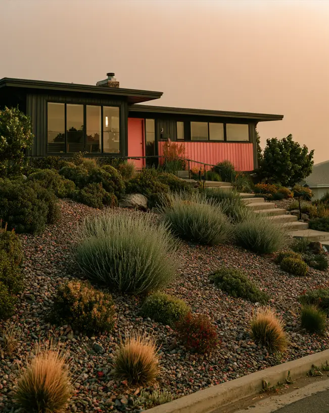 26 Black and Pink Houses Worth Saving Before You Paint 24 Midcentury hillside ranch with a pink-panelled entry set among dark siding and black window walls