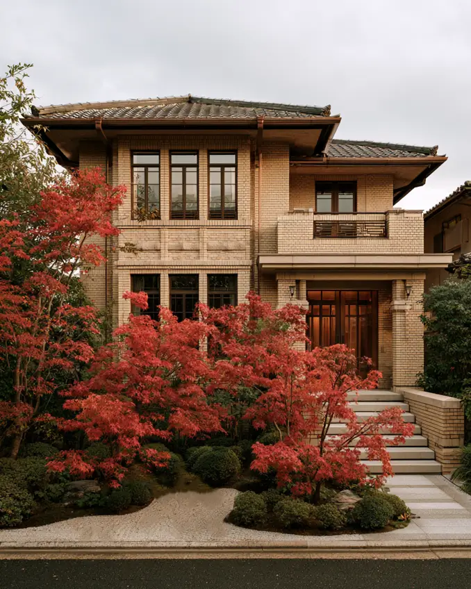 Blonde Brick House Ideas: 24 Warm Exteriors That Still Feel Fresh 25 Prairie-style blonde brick house with sandy brick, deep tiled eaves, a low hipped roof, and horizontal window bands