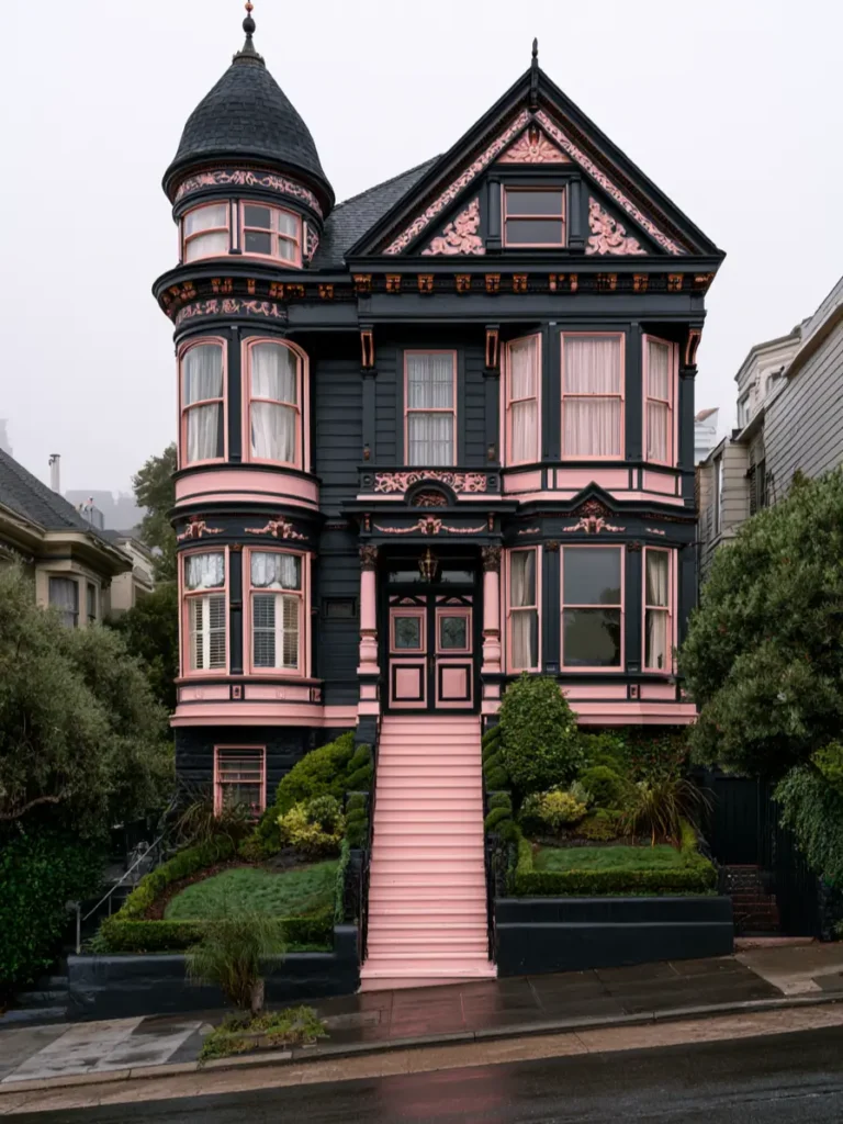26 Black and Pink Houses Worth Saving Before You Paint 25 Ornate three-story painted lady with pink picking out carved brackets, rosettes, and casings on a black facade