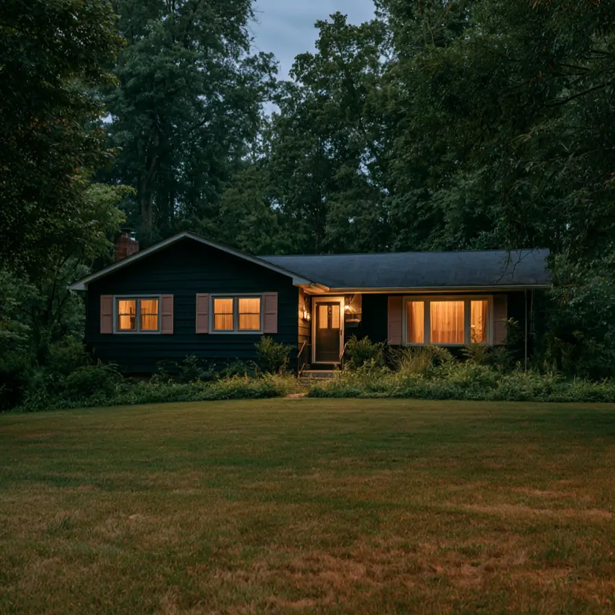 26 Black and Pink Houses Worth Saving Before You Paint 26 Dark single-story ranch with soft pink shutters flanking the windows at dusk against a wooded backdrop