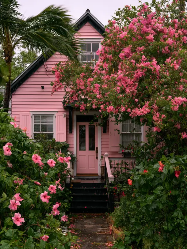 26 Black and Pink Houses Worth Saving Before You Paint 27 Tropical cottage with pink clapboard, white-trimmed windows, and black entry steps framed by bougainvillea