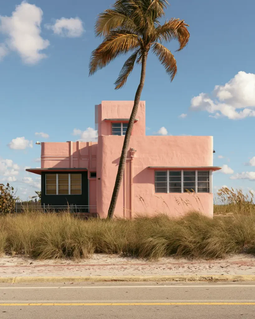 26 Black and Pink Houses Worth Saving Before You Paint 28 Black and pink house exterior on a Streamline Moderne beach house, with pink stucco and a black-framed corner window bay