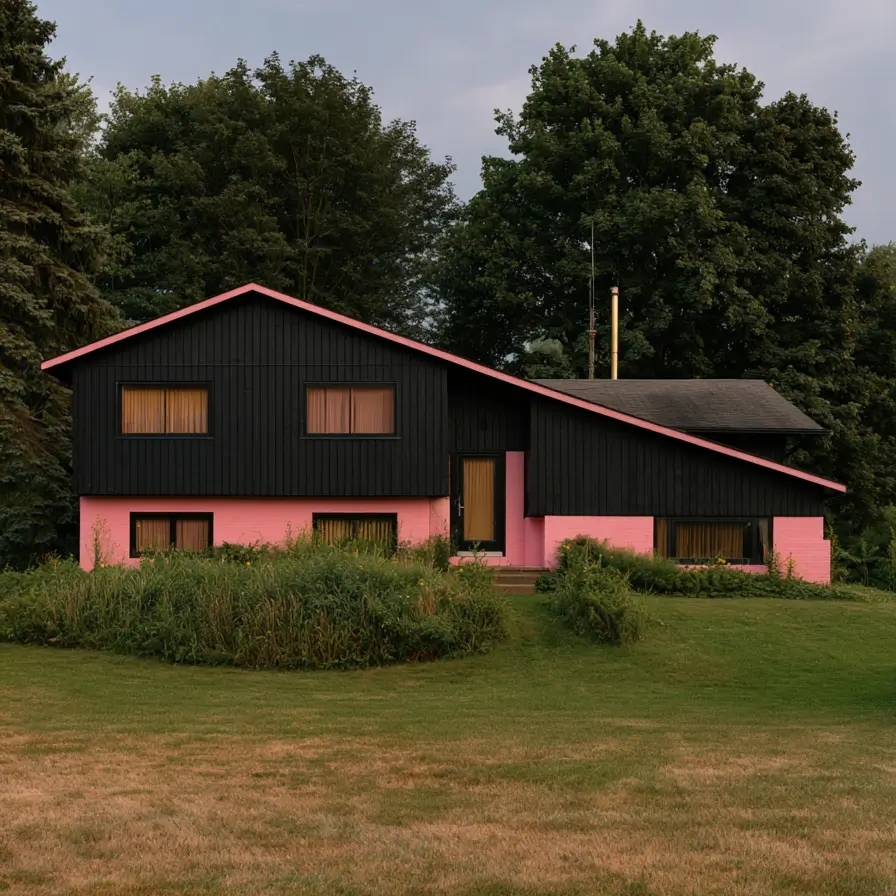 26 Black and Pink Houses Worth Saving Before You Paint 5 Rural split-level with a soft pink brick base, black board-and-batten siding, and a pink roofline