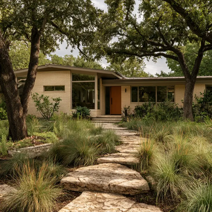 Blonde Brick House Ideas: 24 Warm Exteriors That Still Feel Fresh 6 Midcentury blonde brick ranch house with pale creamy brick, a warm wood door, and native grass landscaping