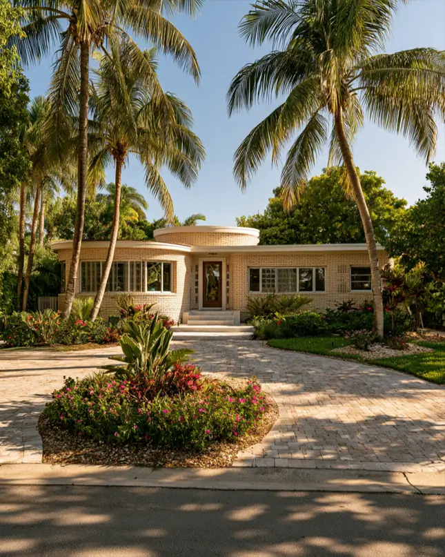 Blonde Brick House Ideas: 24 Warm Exteriors That Still Feel Fresh 7 Blonde brick house in Streamline Moderne style with a curved corner facade, white trim, and a wood door framed by palms