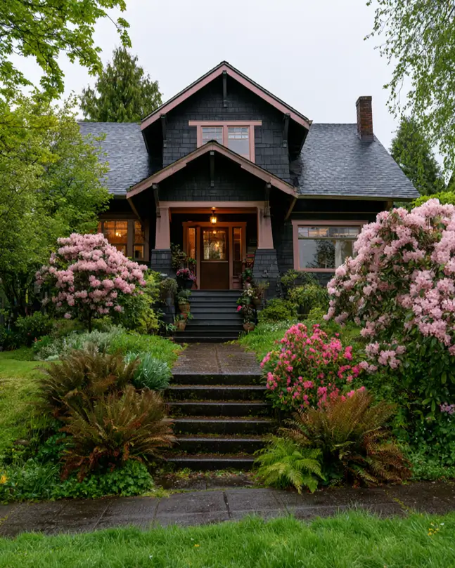 26 Black and Pink Houses Worth Saving Before You Paint 7 Dark Craftsman bungalow with muted pink porch posts, gable trim, and dormer trim on charcoal shingles
