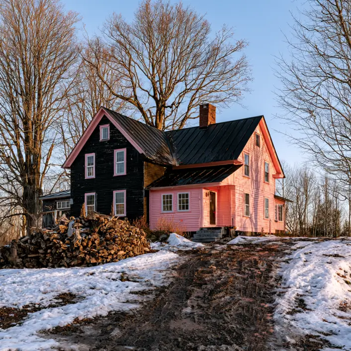 26 Black and Pink Houses Worth Saving Before You Paint 8 Black and pink house exterior on a two-tone clapboard farmhouse, one black wing and one pink under a black metal roof