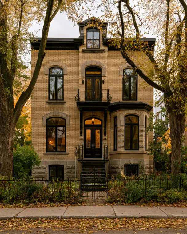 Blonde Brick House Ideas: 24 Warm Exteriors That Still Feel Fresh 9 Victorian blonde brick house with pale yellow brick, black trim, carved stone lintels, and a grey stone base