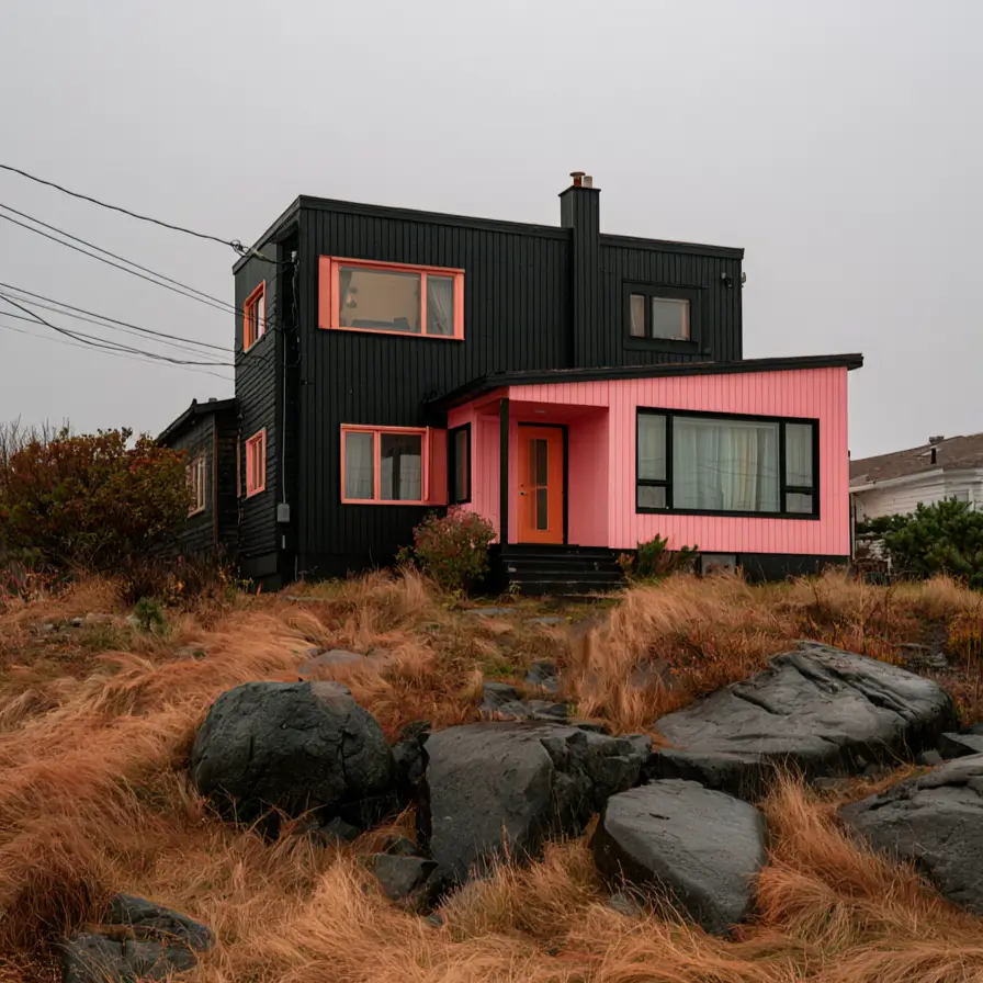 26 Black and Pink Houses Worth Saving Before You Paint 9 Coastal home with a pink single-story addition and coral window frames on black clapboard siding