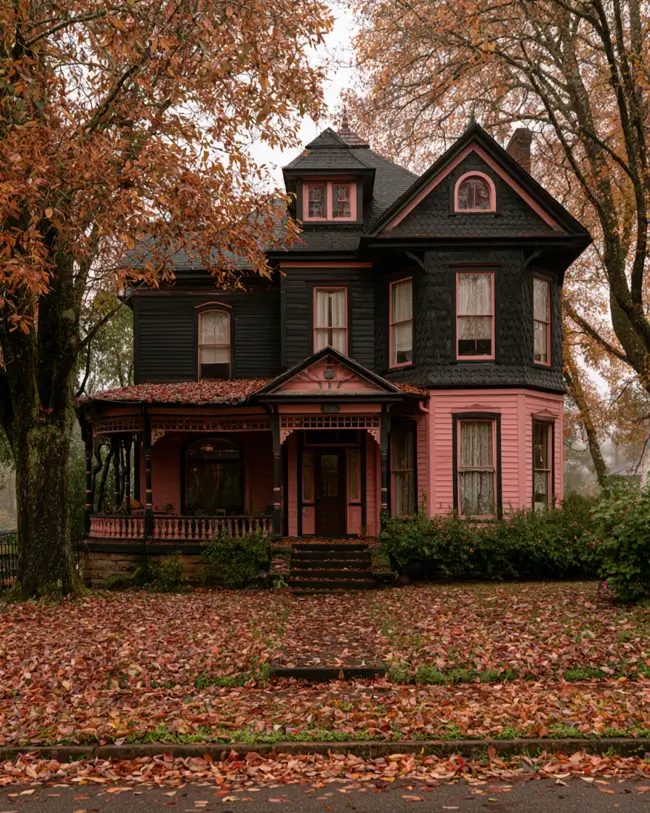 26 Black and Pink Houses Worth Saving Before You Paint 10 Black Victorian with dusty rose porch, bay, and gable trim and painted spindles and brackets