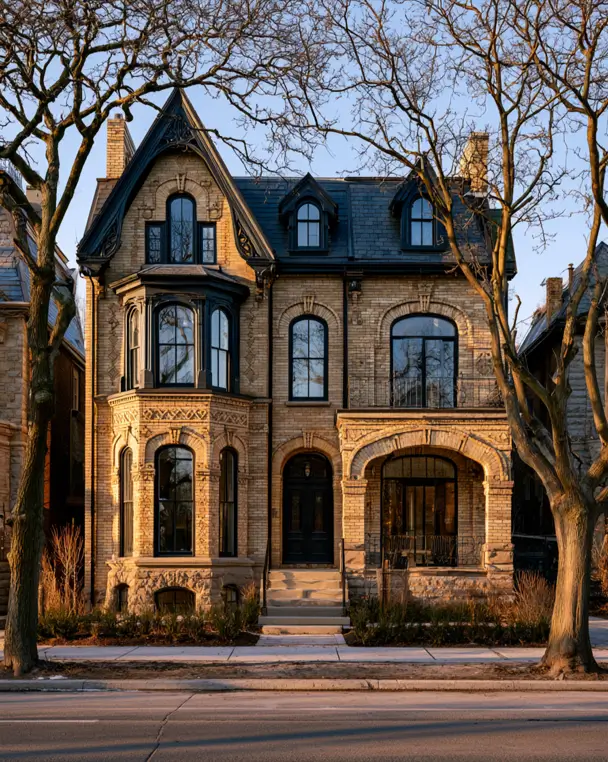 Blonde Brick House Ideas: 24 Warm Exteriors That Still Feel Fresh 10 Blonde brick rowhouse with patterned buff brickwork, arched openings, black windows, and a dark slate roof