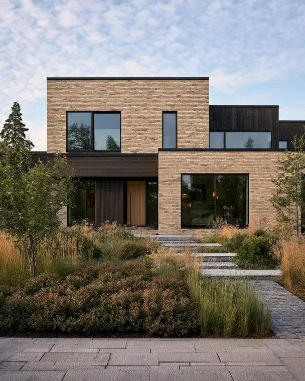Blonde Brick House Ideas: 24 Warm Exteriors That Still Feel Fresh 11 Modern blonde brick house paired with charcoal timber siding, black windows, a wood door, and prairie planting